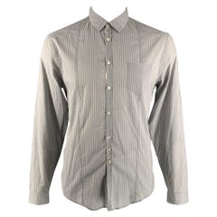 JOHN VARVATOS Größe L Blau & Grau gestreiftes langärmeliges Baumwollhemd mit Knopfleiste und langen Ärmeln