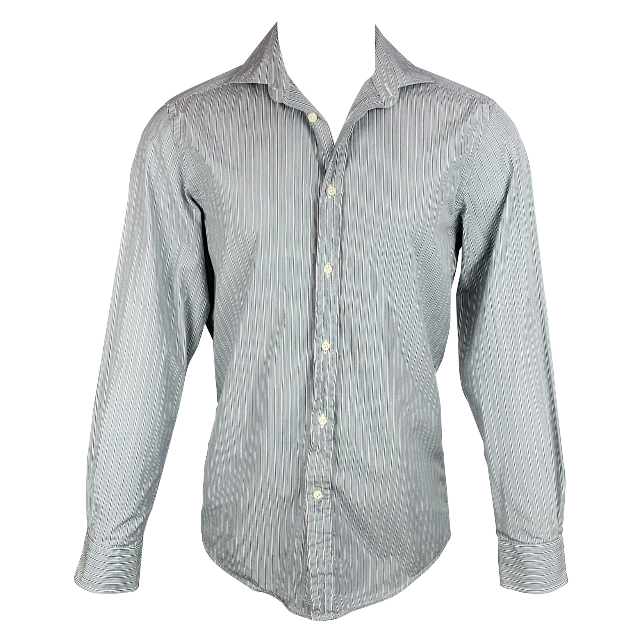 RALPH LAUREN Purple Label Size S Blue & Grey Stripe Cotton Long Sleeve Shirt For Sale