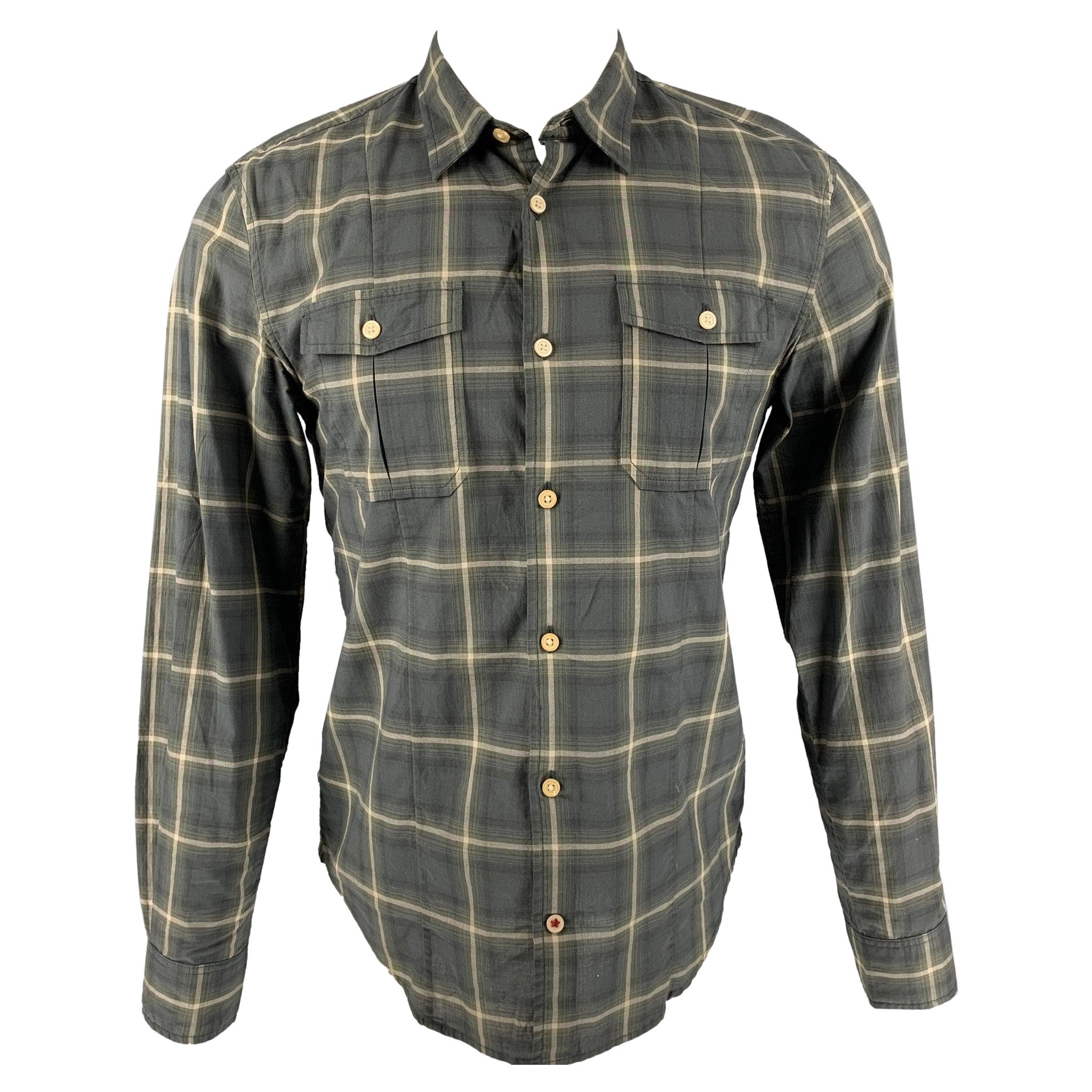 JOHN VARVATOS Size S Green & Grey Plaid Cotton Button Up Long Sleeve Shirt For Sale