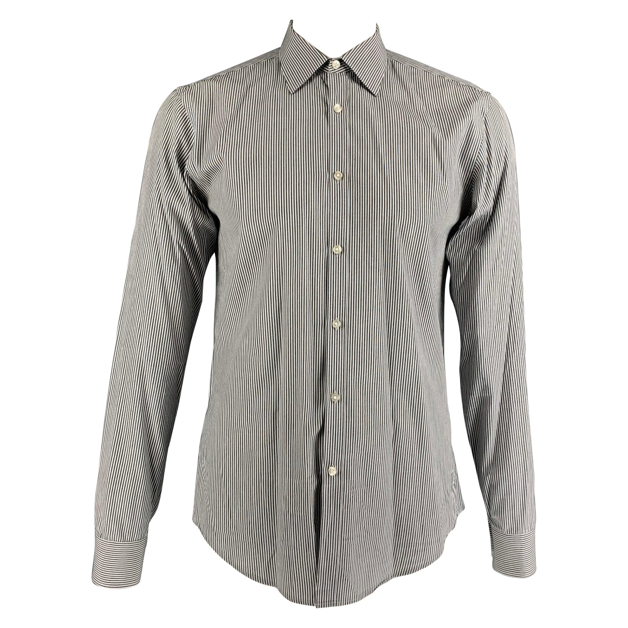 BOSS by HUGO BOSS Size L Black & White Stripe Cotton Long Sleeve Shirt For Sale