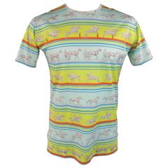 Men's HERMES Size XL Green Blue & Orange Striped Sequences Horse Print T-shirt