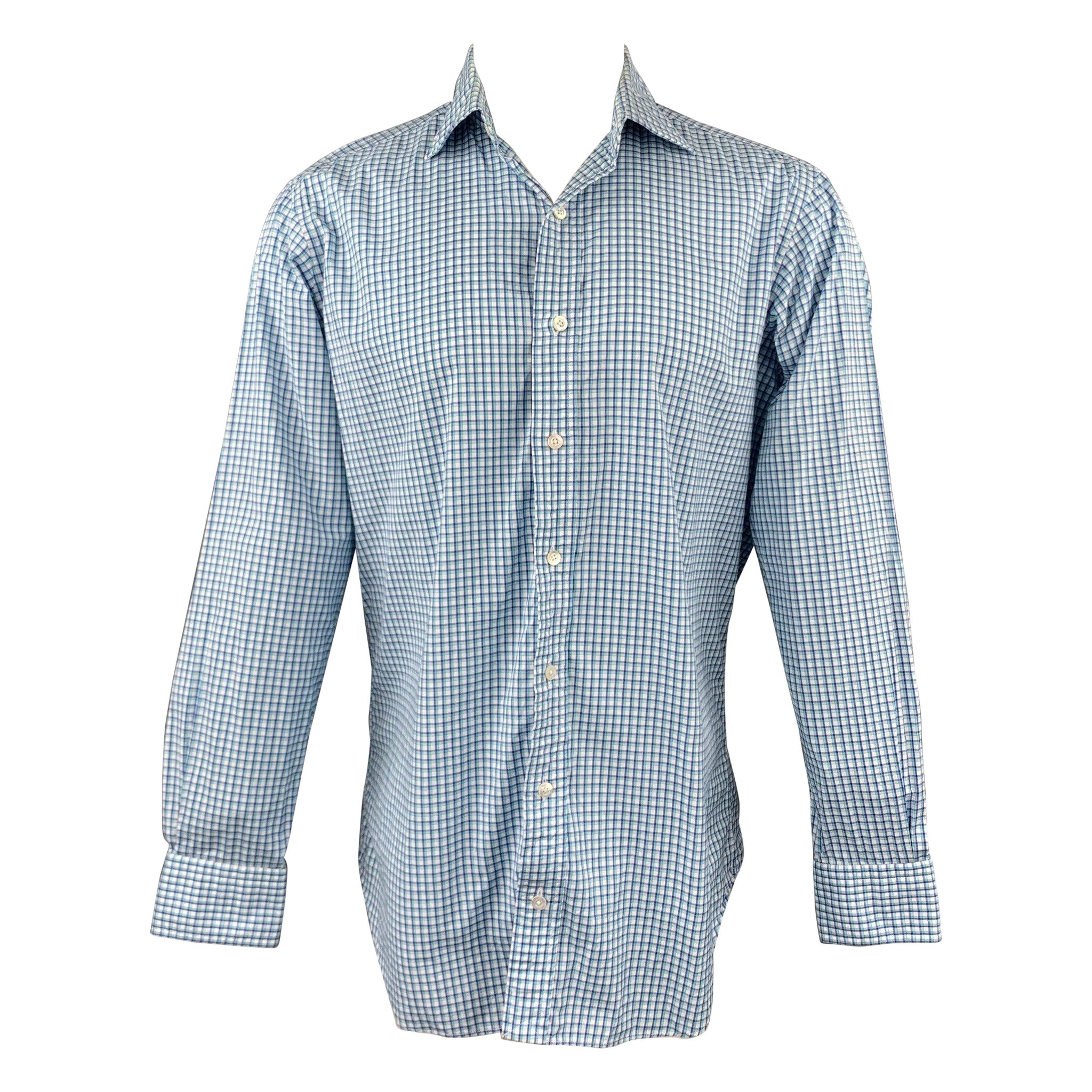 HAMILTON Größe S Blaues & grünes Langarmhemd aus Baumwolle mit gesprenkeltem Kragen aus Gingham im Angebot