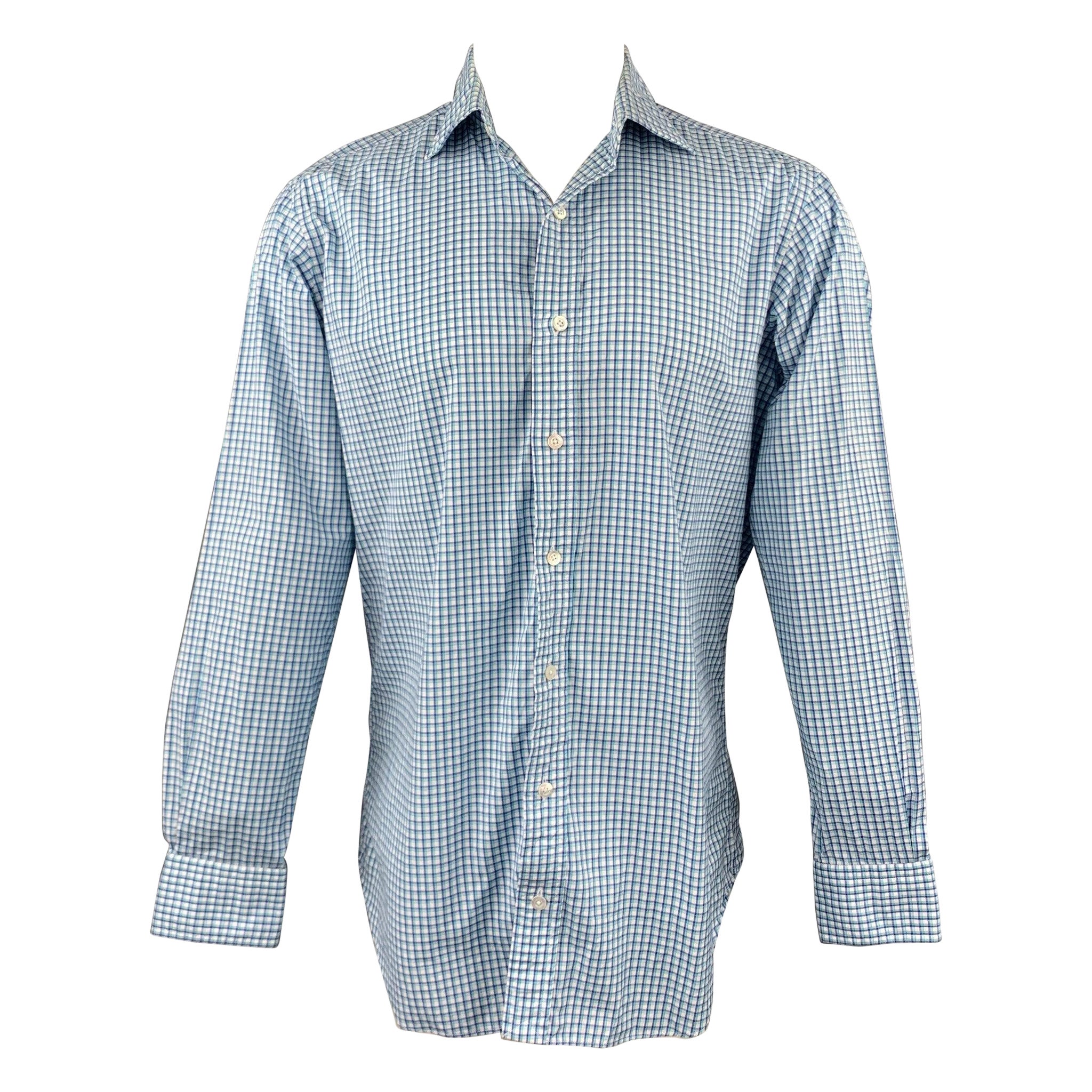 HAMILTON Talla S Camisa de manga larga de algodón con cuello extendido azul y verde de guinga
