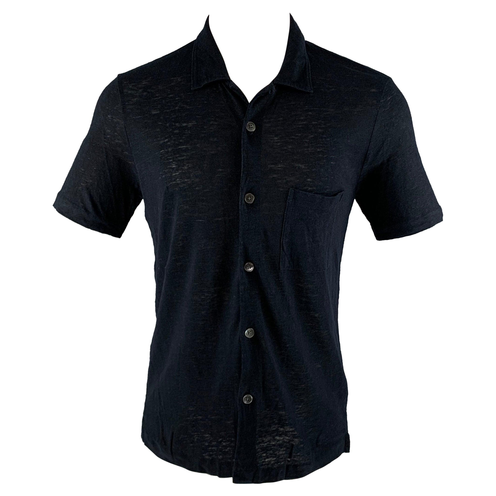 THEORY Size M Black Linen One Pocket Short Sleeve Shirt