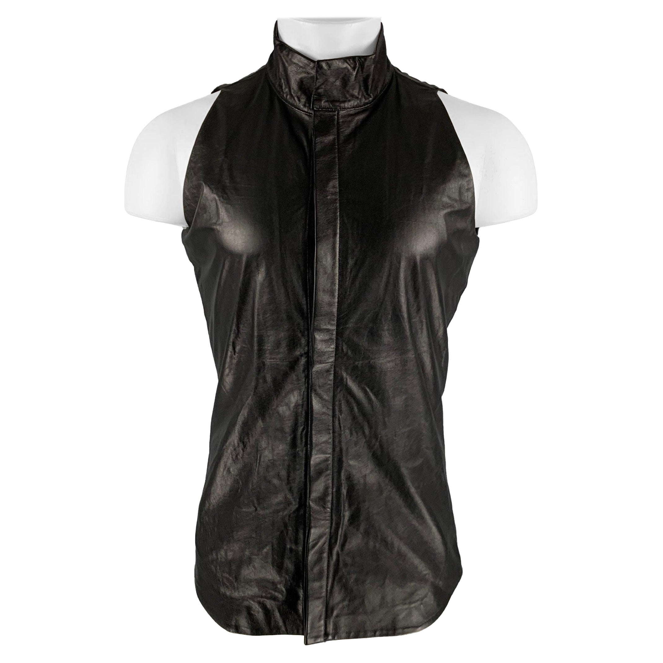 GARETH PUGH Size 36 Black Leather Sleeveless Short Sleeve Shirt For Sale