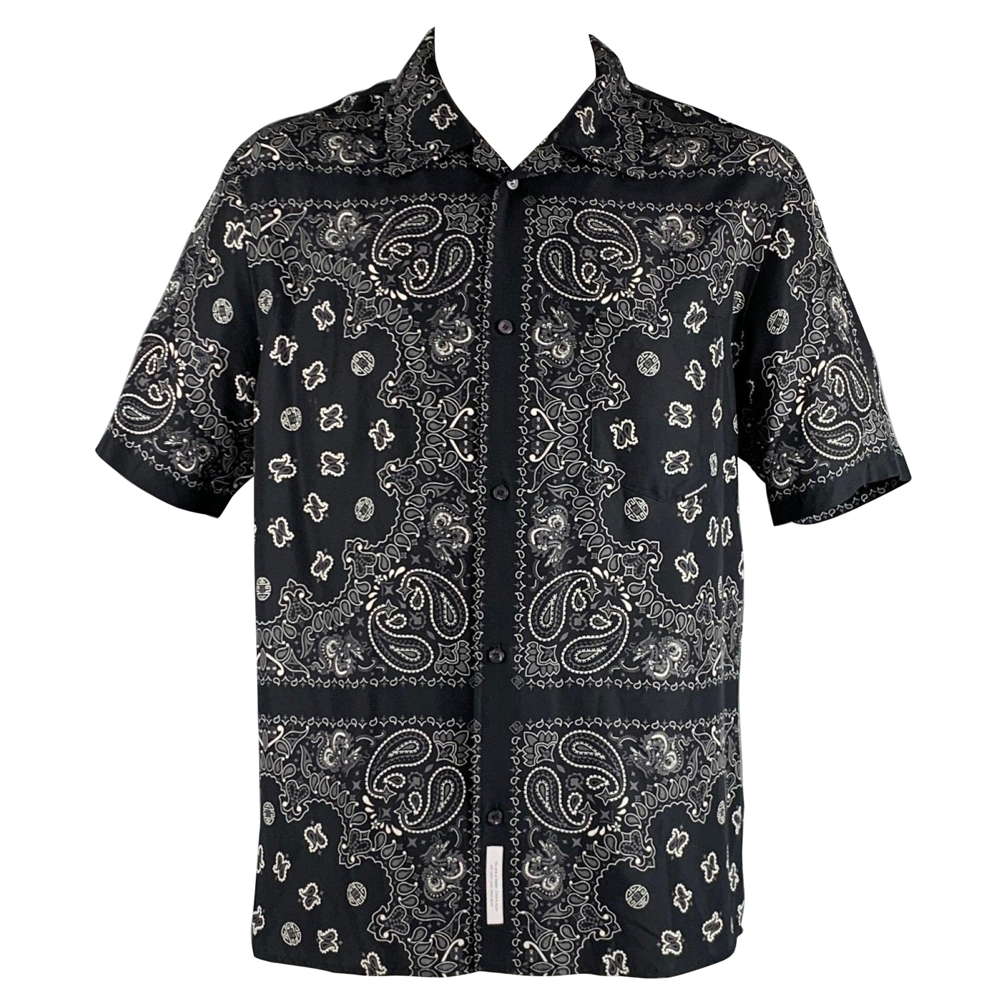 ALEXANDER WANG Size XL Black Bandana Silk Camp Short Sleeve Shirt For Sale