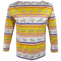 Vintage HERMES XL Yellow Red & Blue Striped Sequinces Horse Print Long Sleeve T-Shirt