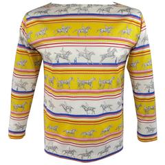 HERMES XL Yellow Red & Blue Striped Sequinces Horse Print Long Sleeve T-Shirt