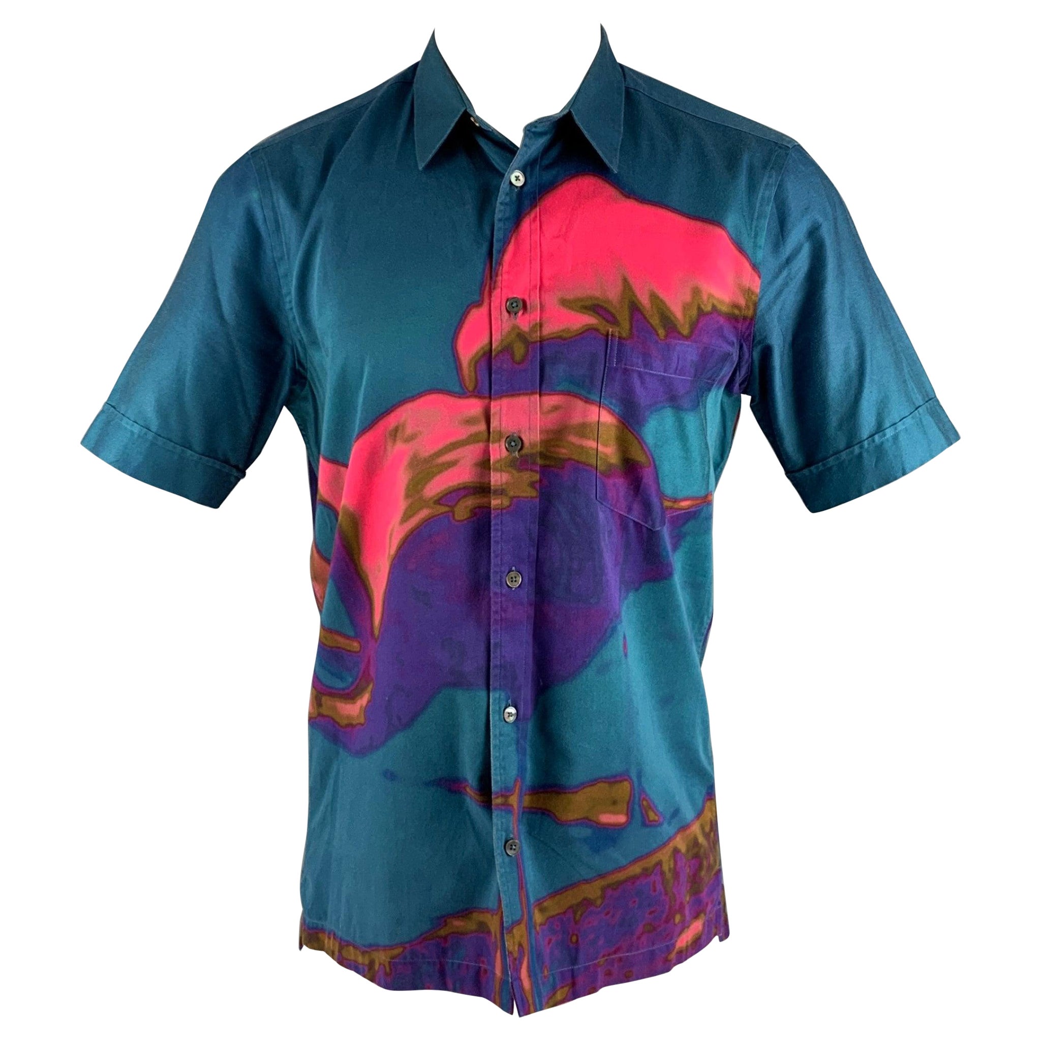 PAUL SMITH Size S Blue Pink Watercolor Cotton One Pocket Short Sleeve Shirt For Sale