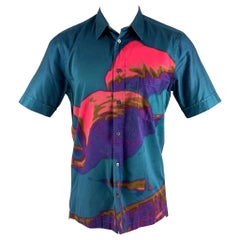PAUL SMITH Größe S Blau Rosa Aquarellfarbenes Kurzarmhemd aus Baumwolle mit einer Tasche und einer Tasche