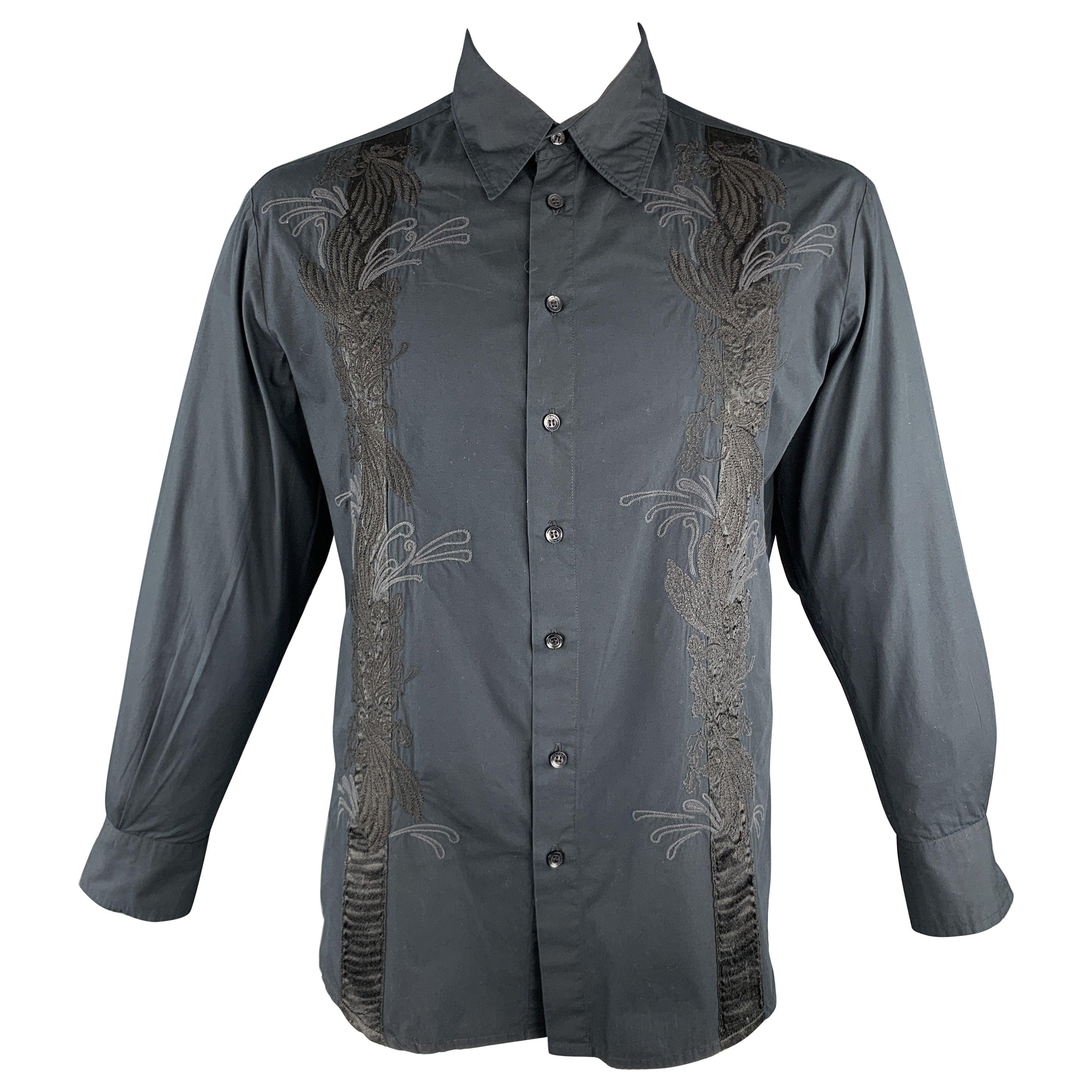 ROBERTO CAVALLI Size L Black Embroidery Cotton Button Up Long Sleeve Shirt For Sale