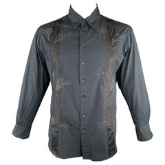 ROBERTO CAVALLI Size L Black Embroidery Cotton Button Up Long Sleeve Shirt