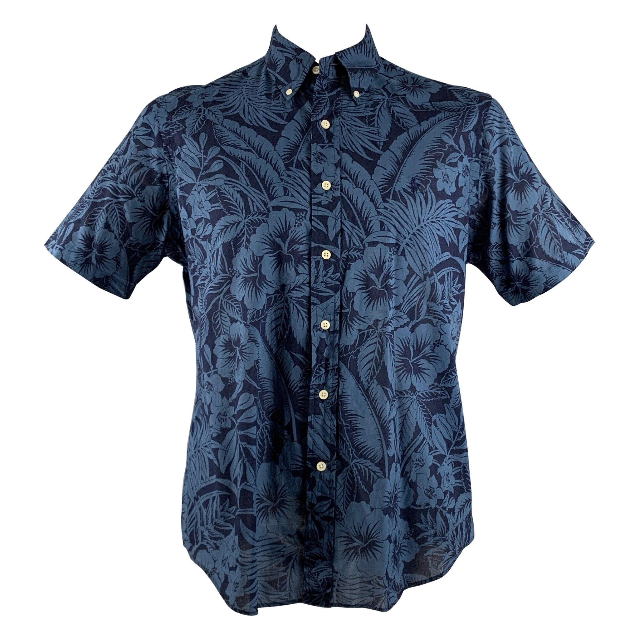 RALPH LAUREN Size L Navy Blue Floral Cotton Classic Short Sleeve Shirt