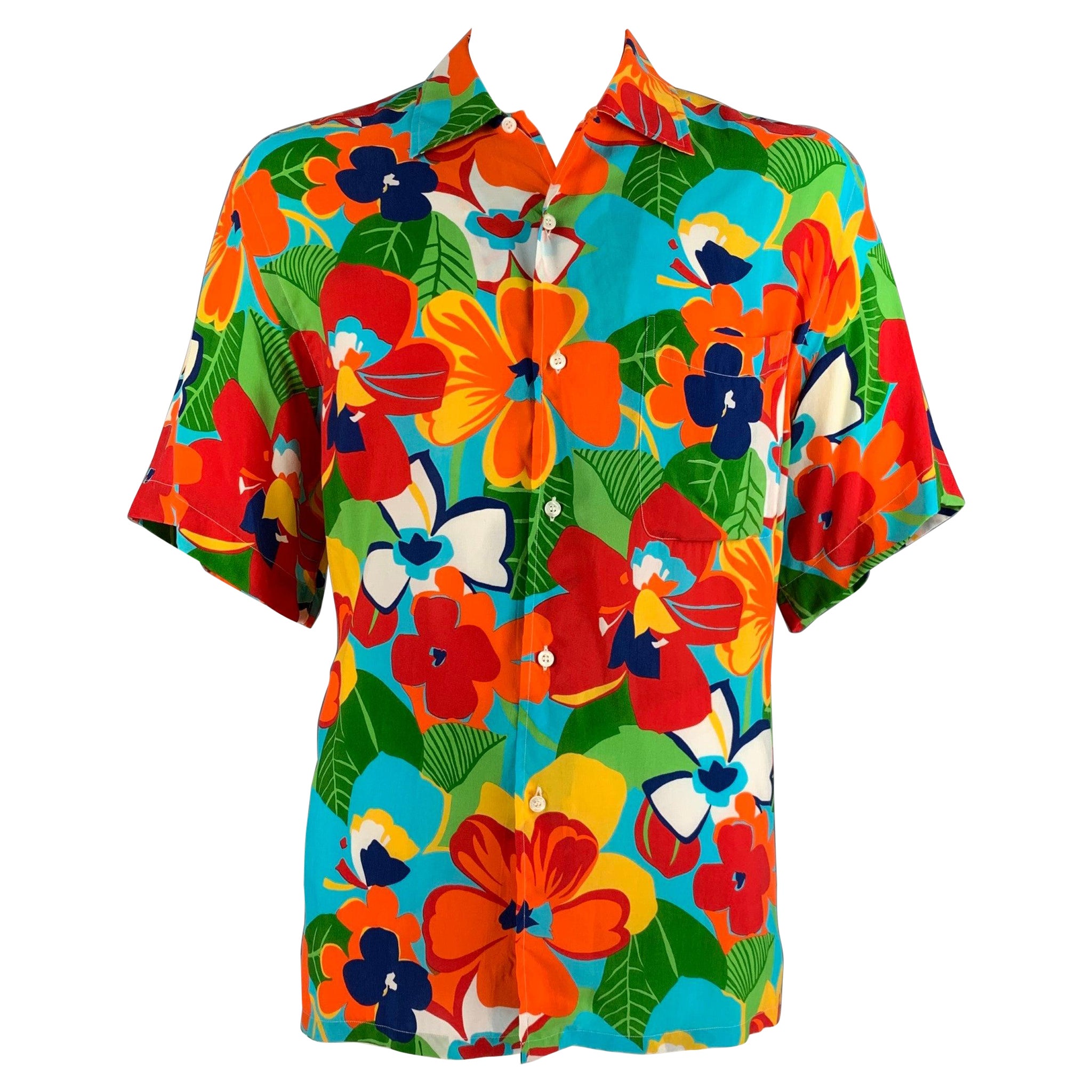 BRIONI Size L Multi-Color Floral Rayon Button Up Short Sleeve Shirt For Sale