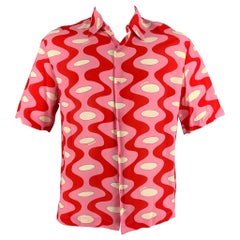 SANDRO Size L Pink Red Print Viscose Button Up Short Sleeve Shirt