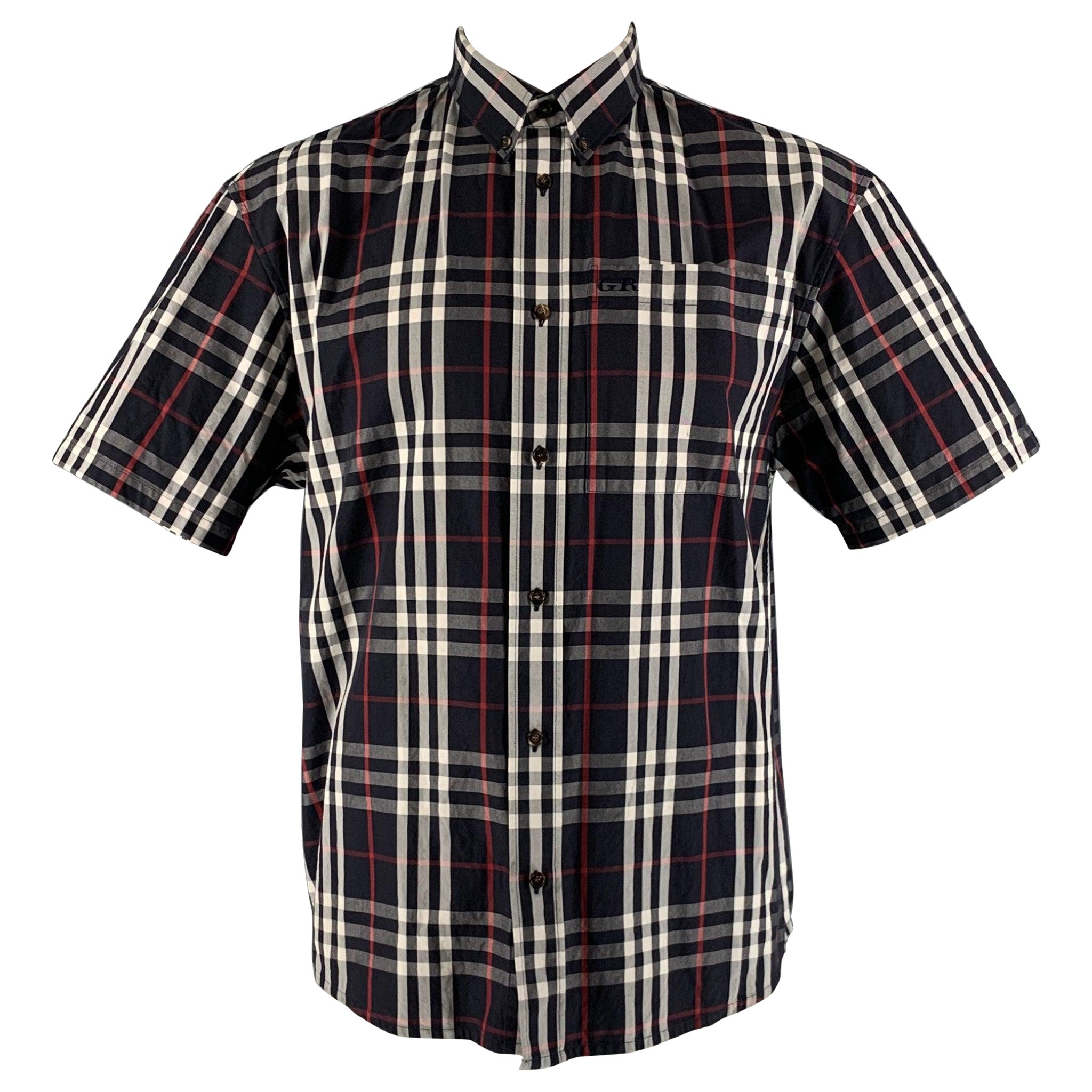 BURBERRY Size L Navy White & Red Plaid Cotton Button Down Short Sleeve Shirt For Sale
