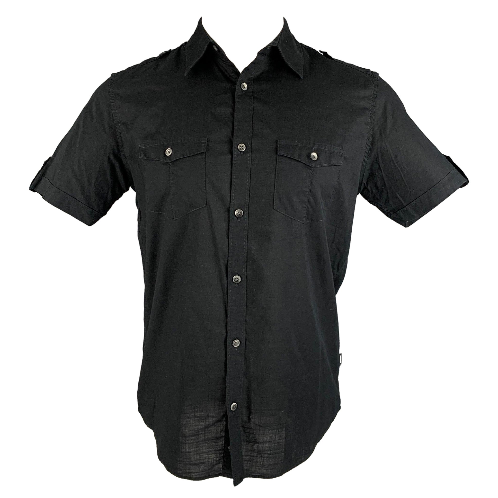 CALVIN KLEIN Size S Black Cotton Epaulettes Short Sleeve Shirt For Sale