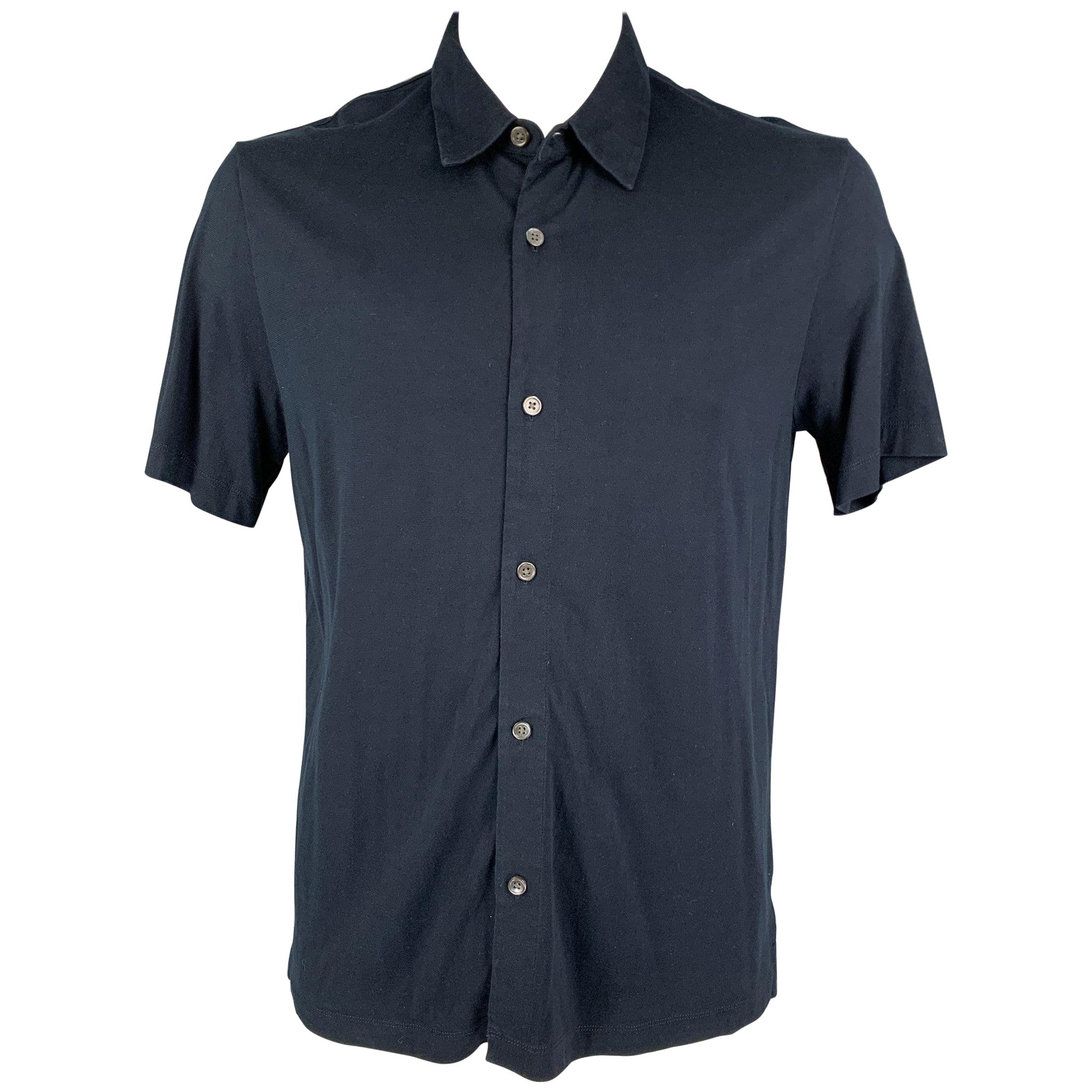 THEORY Size XL Navy Silk Cotton Button Up Short Sleeve Shirt For Sale