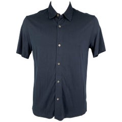 THEORY Size XL Navy Silk Cotton Button Up Short Sleeve Shirt