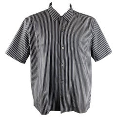 THEORY Size XXL Black White Stripe Cotton Blend One pocket Short Sleeve Shirt
