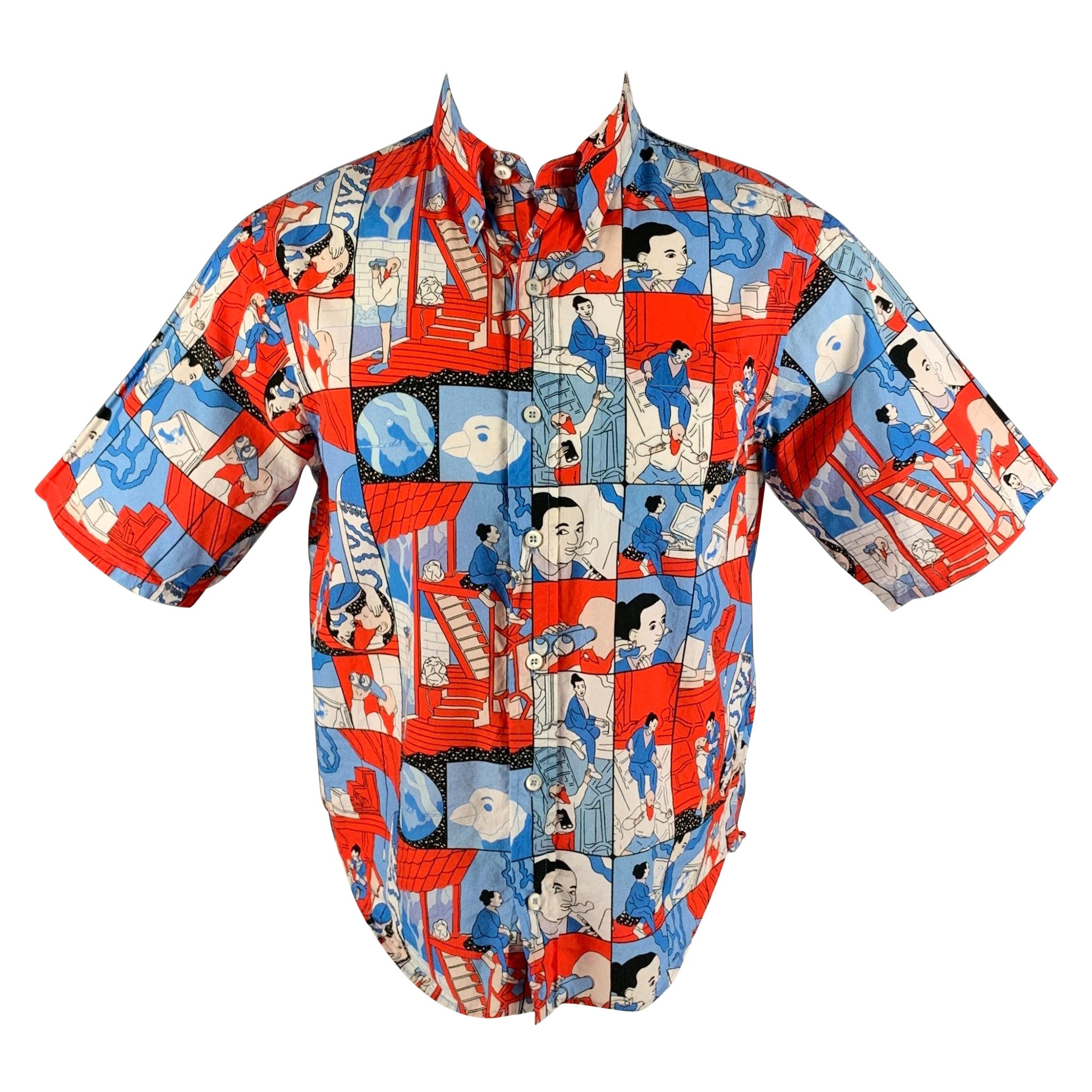 PRADA SS 18 Comic Kollektion Größe S Rot Blaues Kurzarmhemd aus grafischer Baumwolle mit Grafikmuster im Angebot
