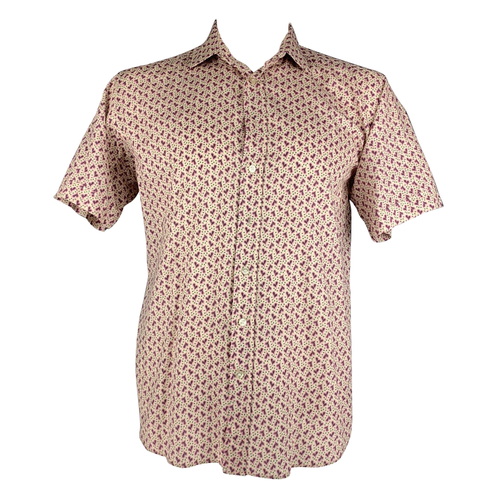 ETRO Size 44 Pink White Dots Cotton Short Sleeve Shirt For Sale