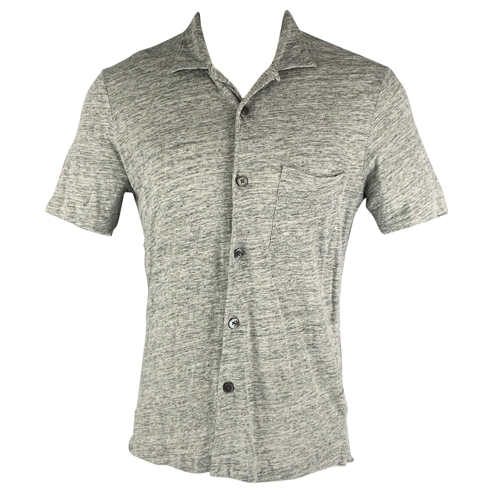 THEORY Size M Grey Heather Linen One pocket Short Sleeve Shirt For Sale
