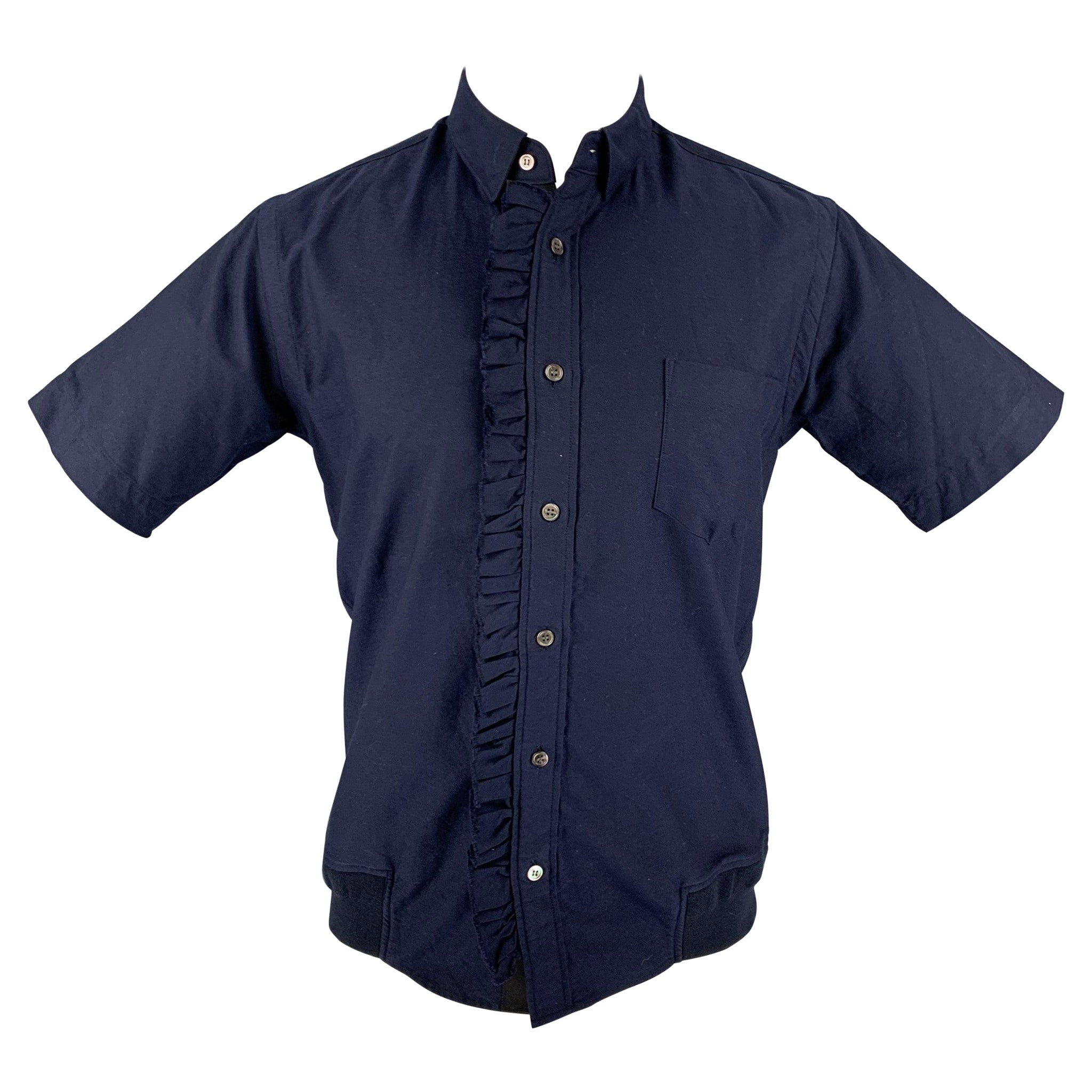 SACAI Size S Navy Cotton Polyester Button Up Short Sleeve Shirt For Sale