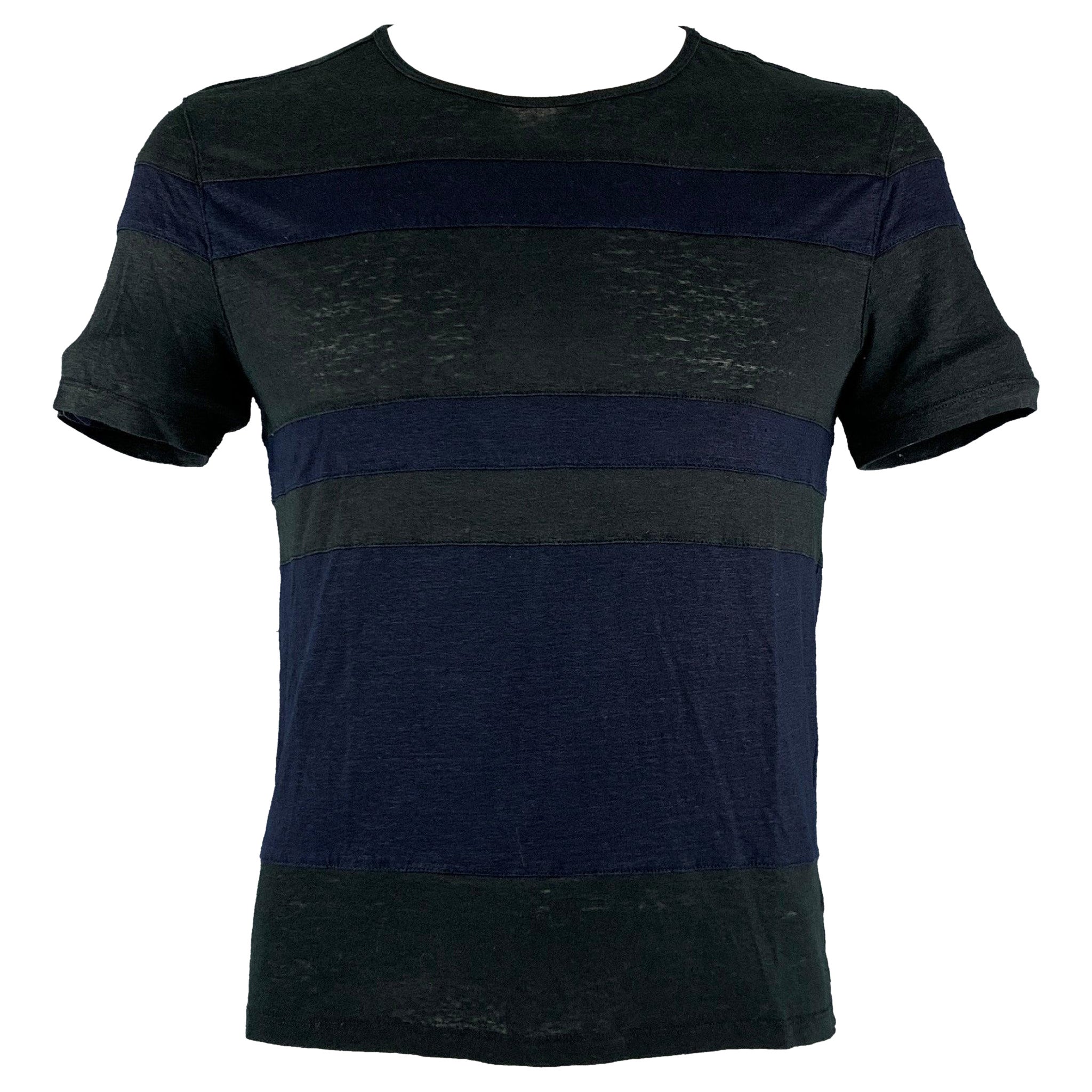 JOHN VARVATOS Size L Black Navy Stripe Linen Short Sleeve T-shirt For Sale