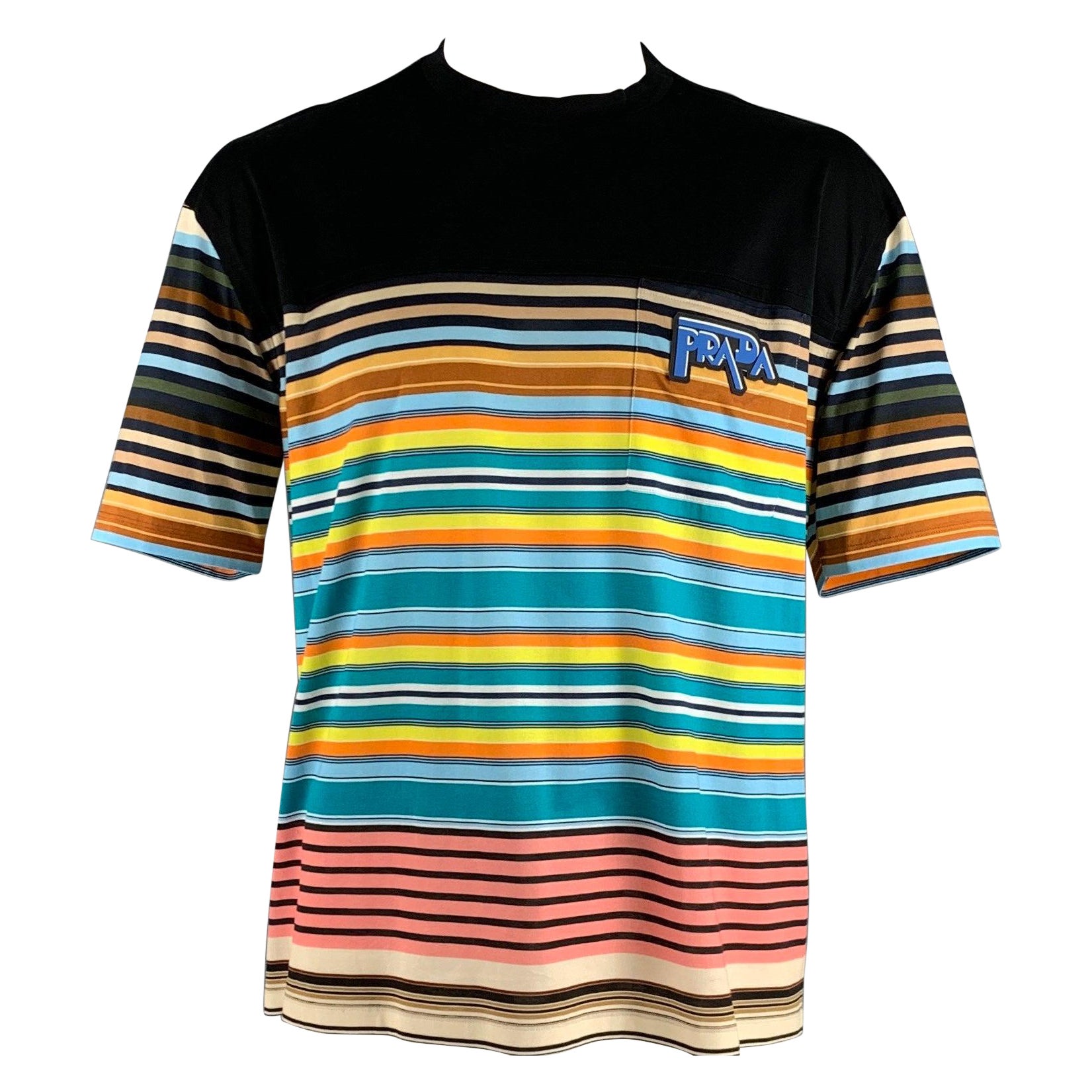 PRADA Size XL Black Multi-Color Stripe Cotton Crew-Neck T-shirt For Sale