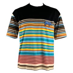 PRADA Size XL Black Multi-Color Stripe Cotton Crew-Neck T-shirt