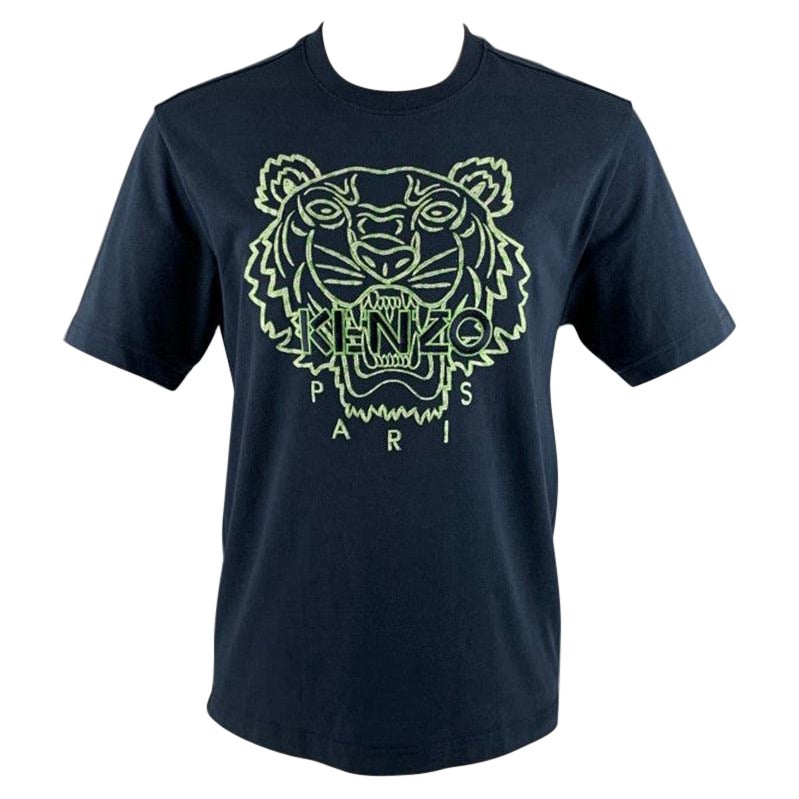 KENZO Size M Navy Green Embroidery Cotton T-shirt For Sale