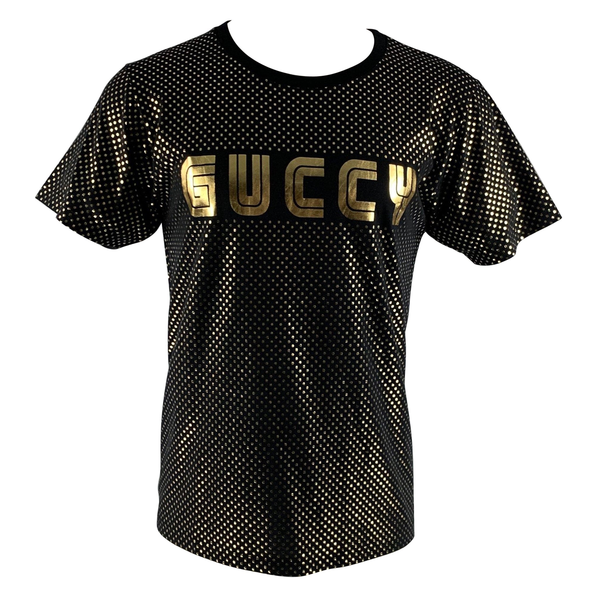 GUCCI Size XS Black Gold Stars Cotton Crew-Neck T-shirt For Sale