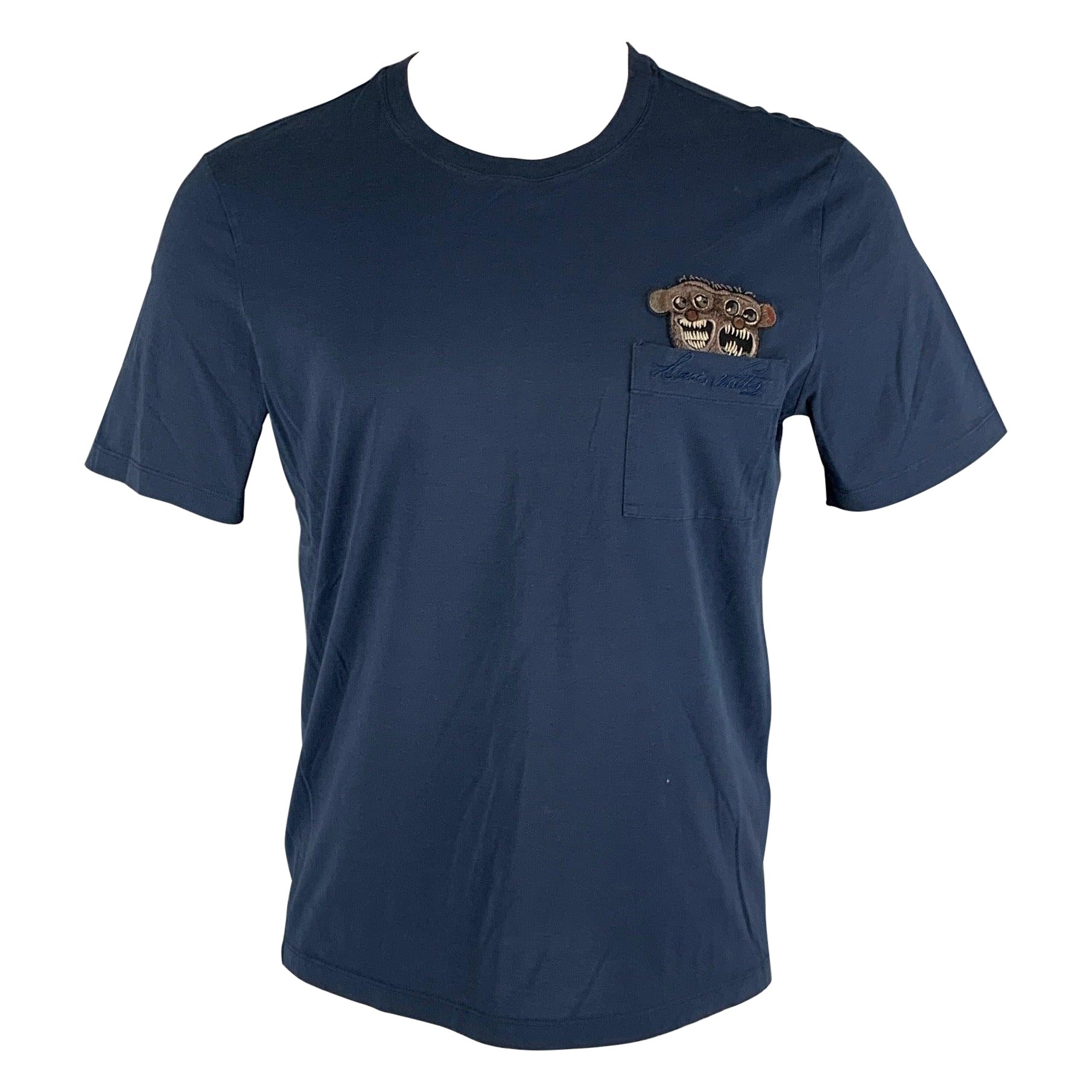 LOUIS VUITTON Size M Blue Applique Cotton Crew-Neck T-shirt For Sale