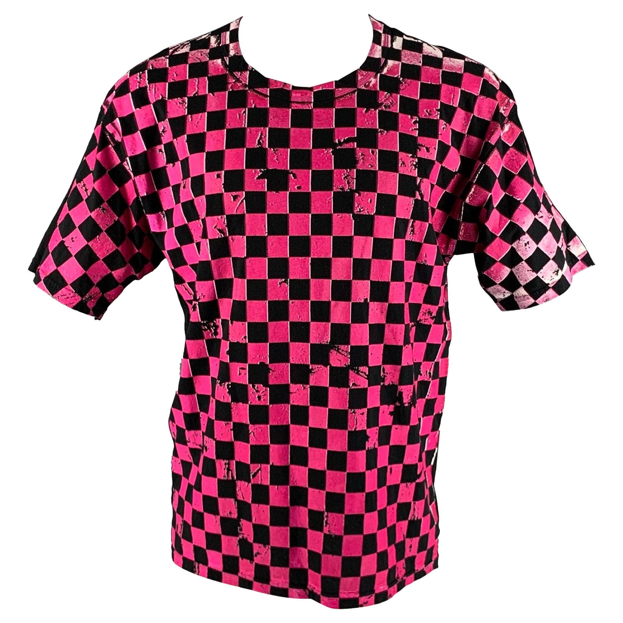 MARC JACOBS Size XS Black Pink Checkered Cotton Crew-Neck T-shirt For Sale