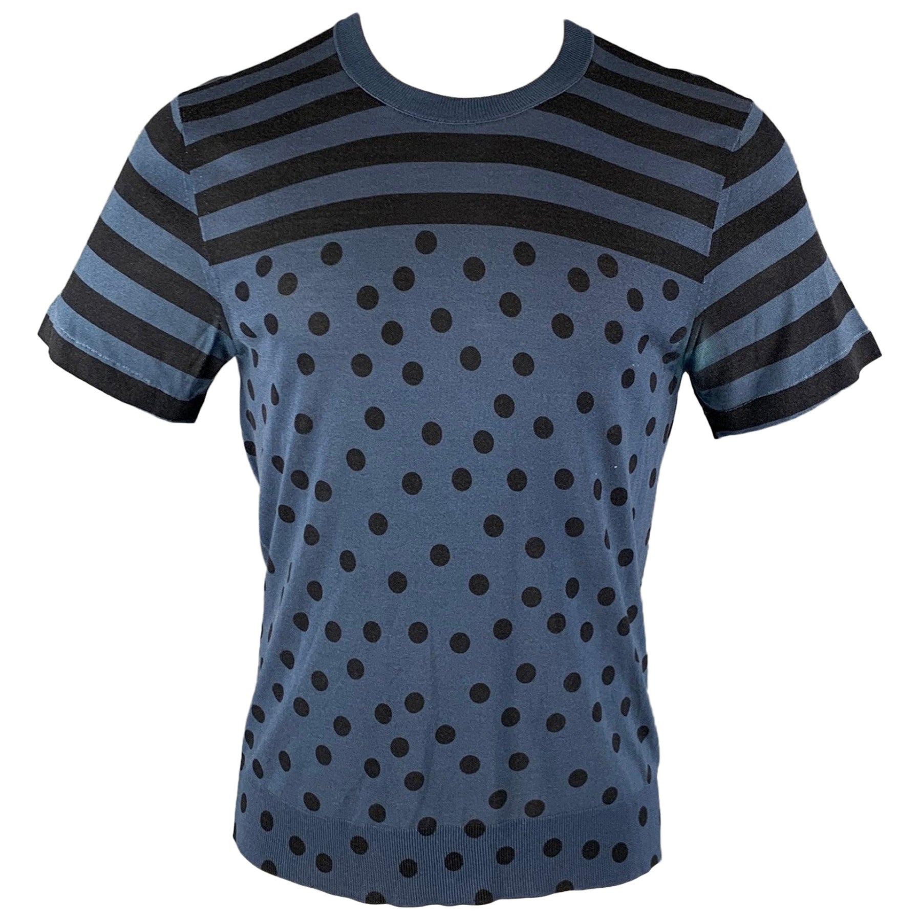 DOLCE & GABBANA Size S Blue Black Polka Dot Silk Short Sleeve T-shirt For Sale