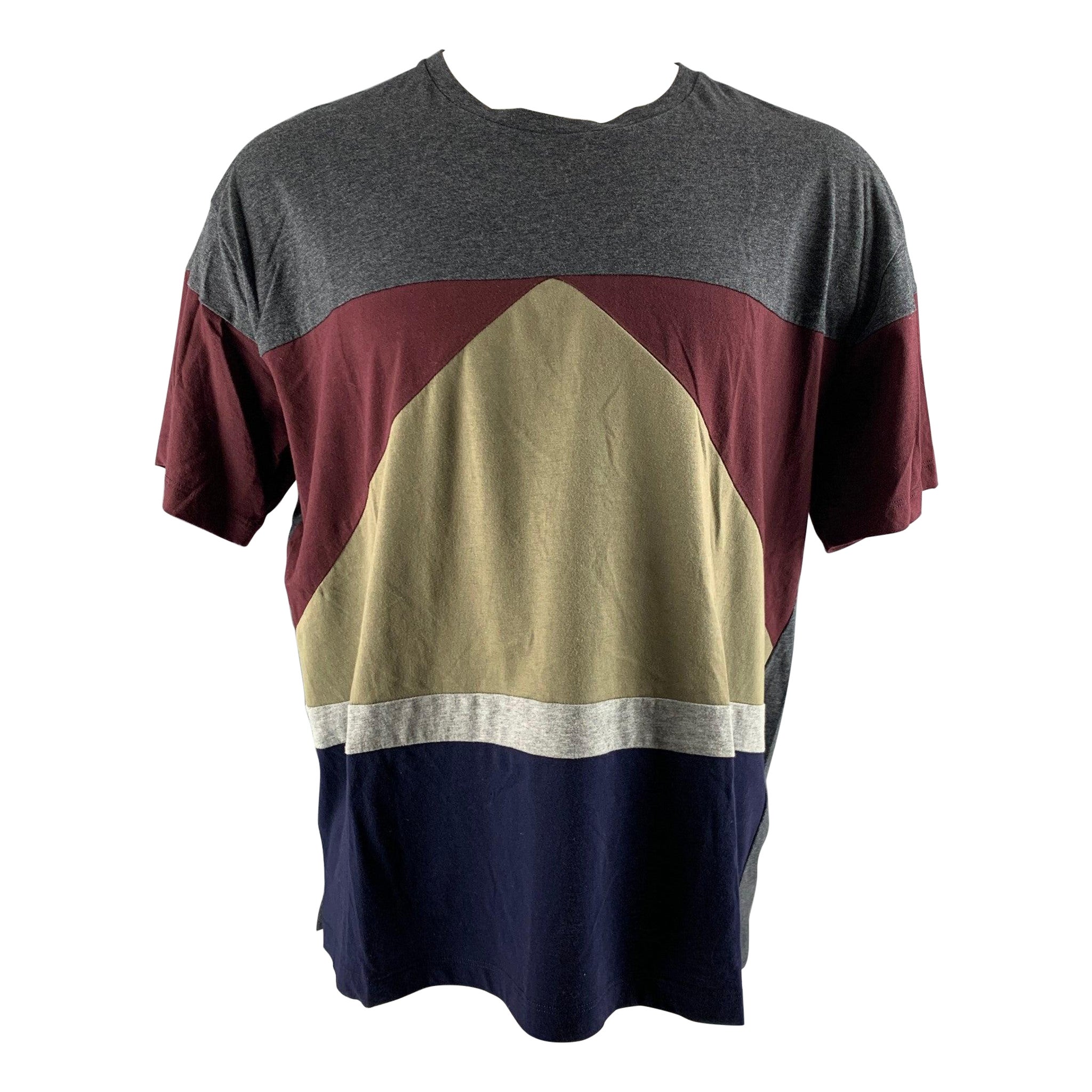 VALENTINO Size M Grey Multi-Color Color Block Cotton Crew-Neck T-shirt For Sale