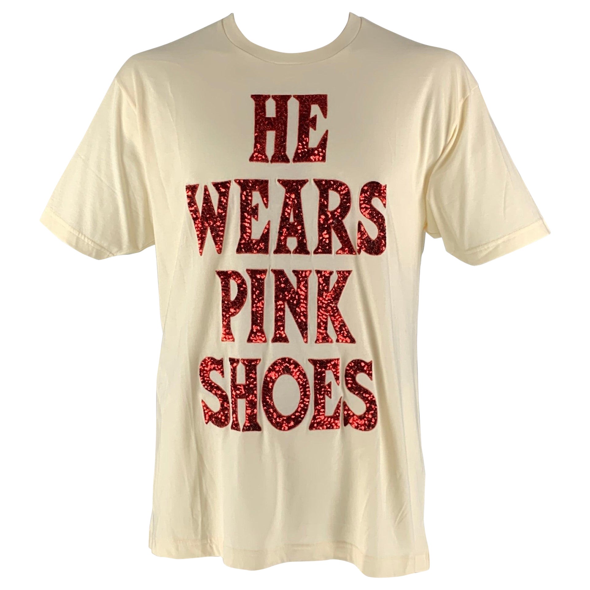 GUCCI T-shirt col ras du cou en coton brodé de broderies rouges et beiges en vente