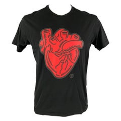 DSQUARED2 Size L Black Red Hearts Cotton Crew-Neck T-shirt