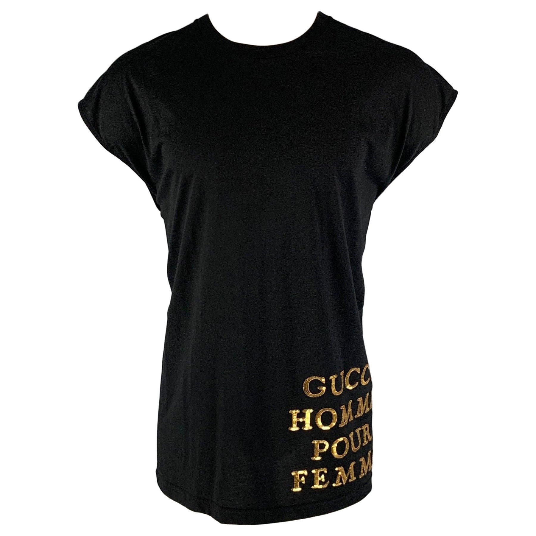 GUCCI Größe XXS Schwarzes ärmelloses T-Shirt aus Baumwolle mit Goldstickerei im Angebot