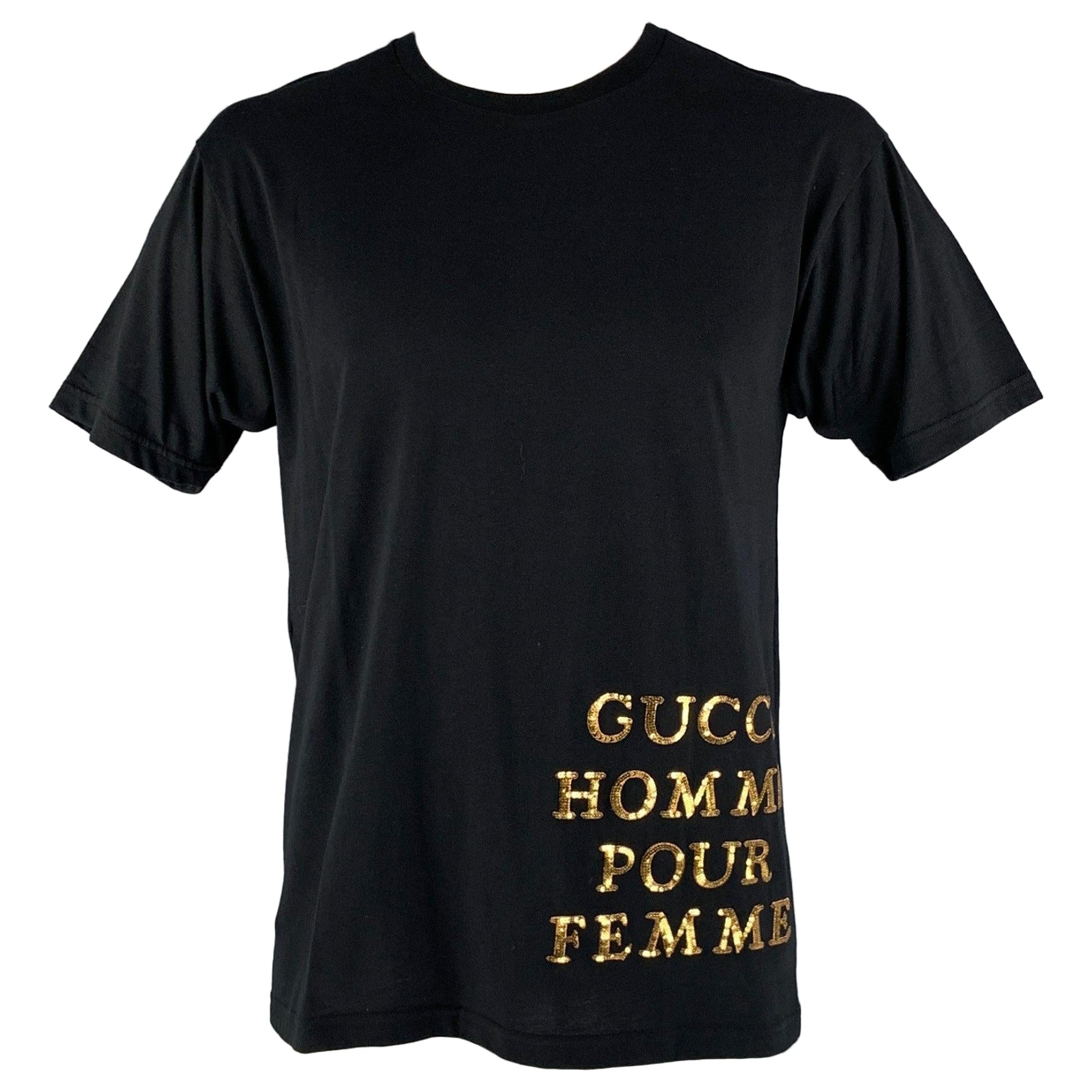 GUCCI Size XS Black Gold Embroidery Cotton Crew-Neck T-shirt For Sale