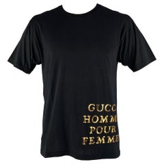Gucci Size XS T-shirt à col ras du cou en coton brodé d'or noir