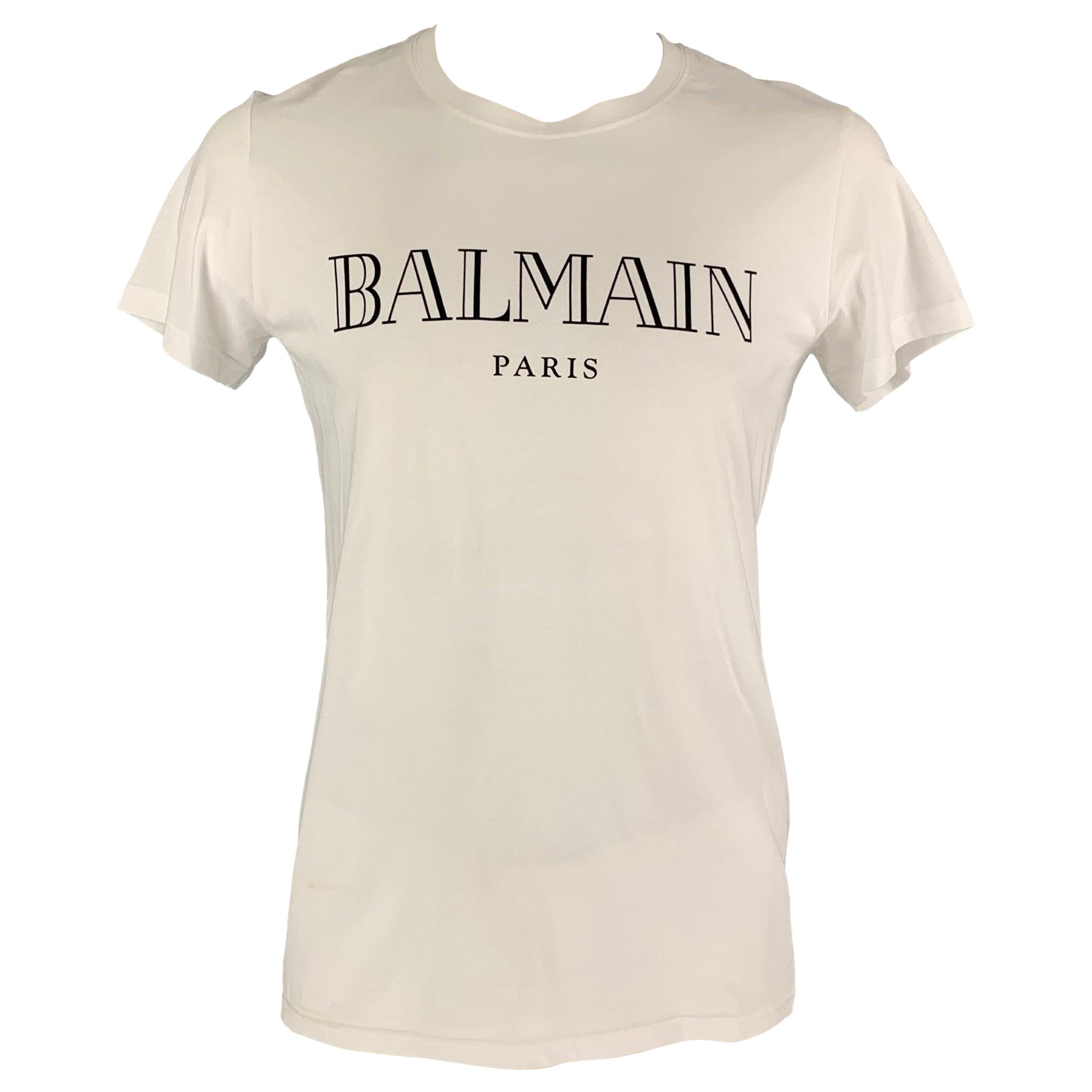 BALMAIN Size L White Logo Cotton  T-shirt For Sale