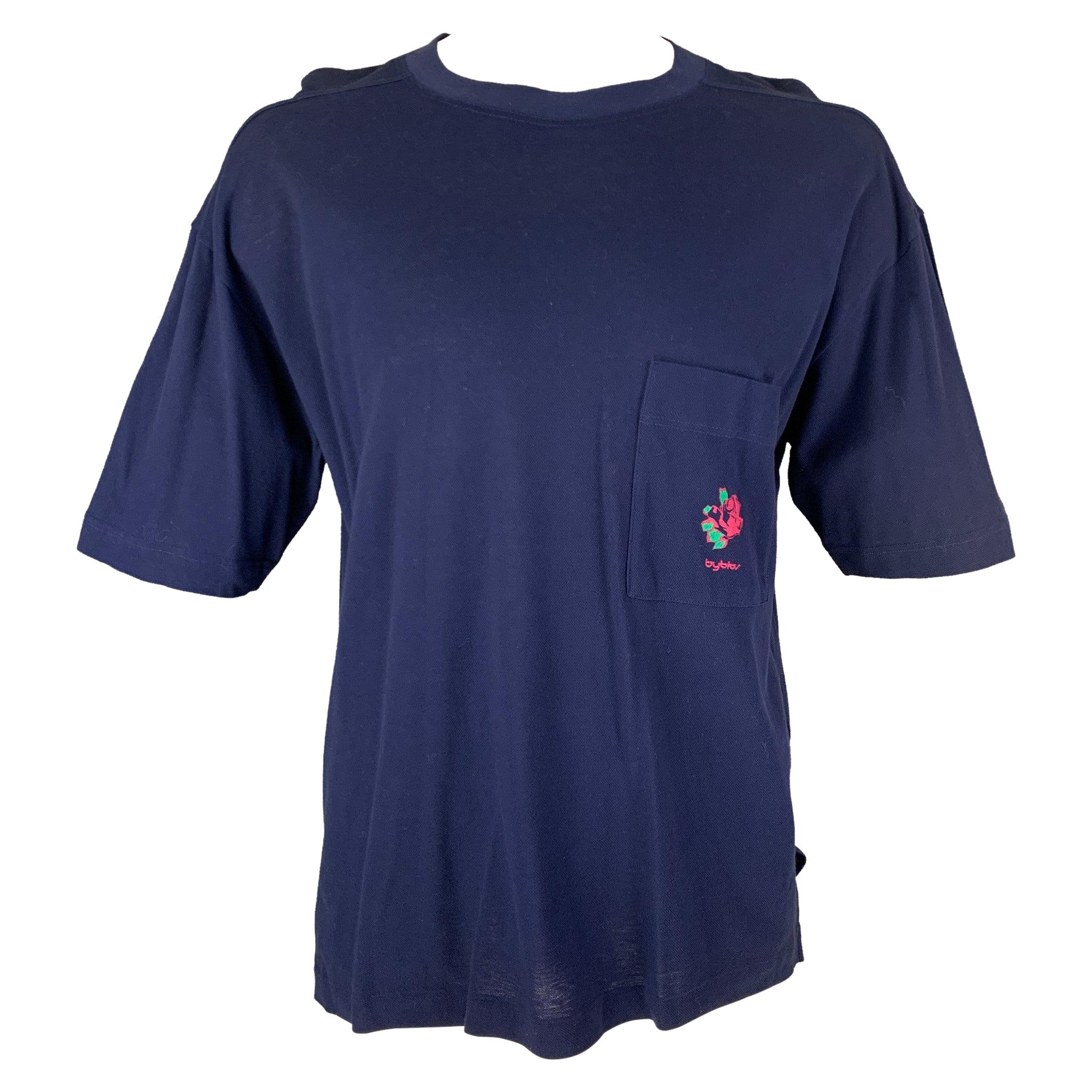 BYBLOS Size L Navy Cotton Short Sleeve T-shirt For Sale