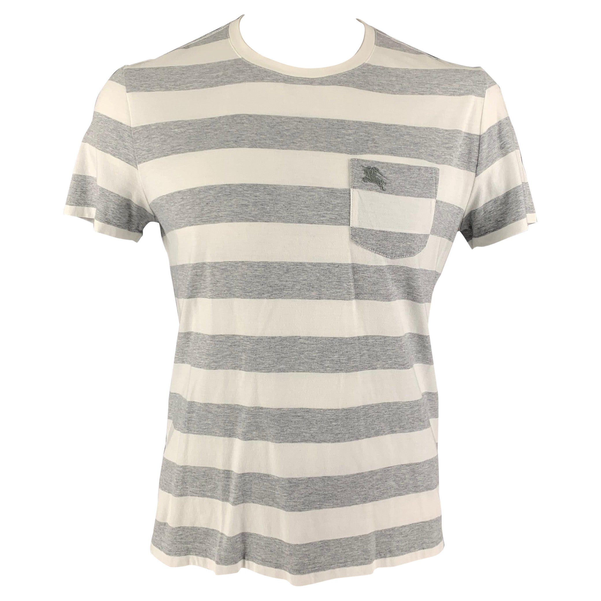 BURBERRY Size L White Grey Stripe Cotton Crew-Neck T-shirt For Sale