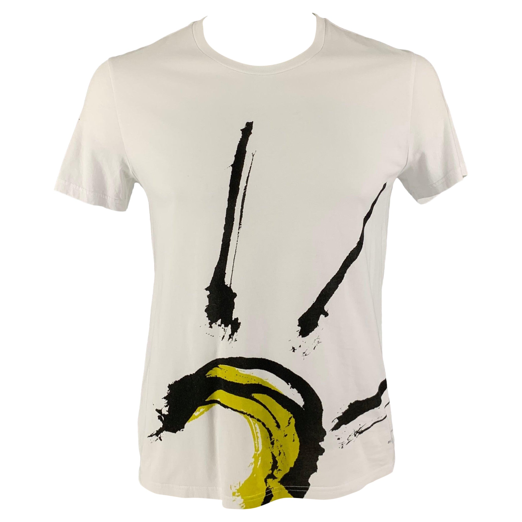 BURBERRY - T-shirt col ras du cou en coton imprimé blanc et noir, taille L en vente