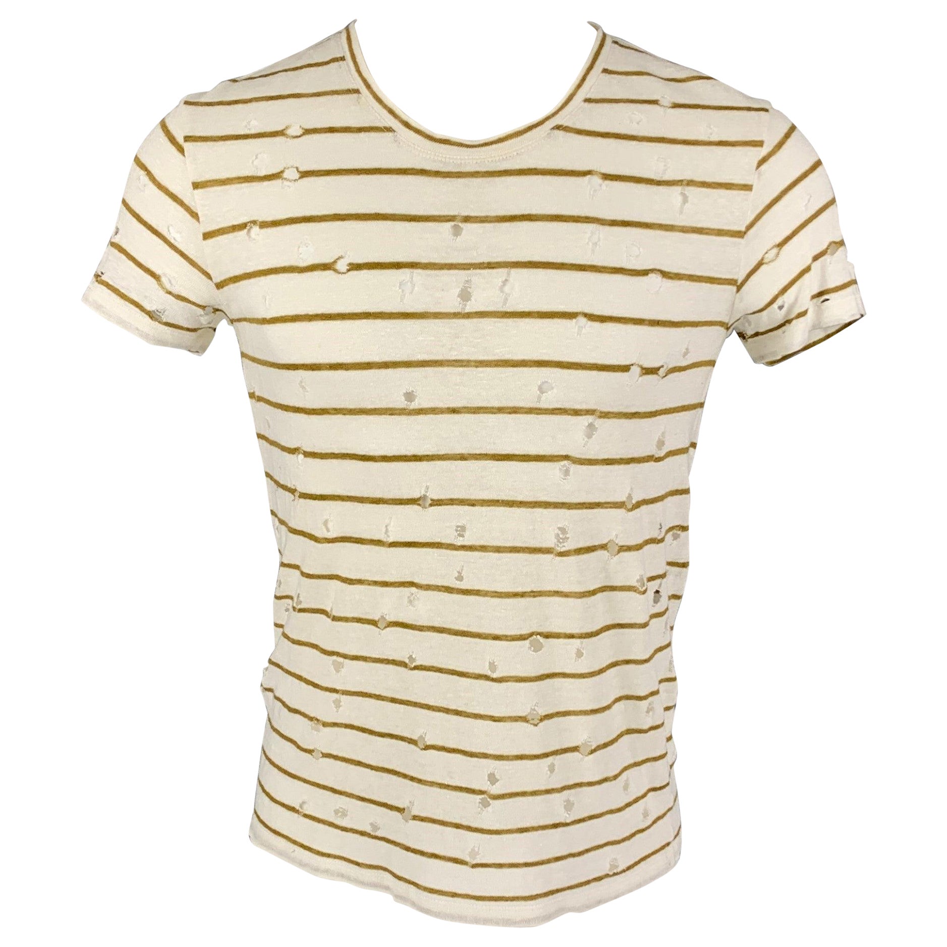 IRO Größe XS Weiß-Oliv gestreiftes Leinen-T-Shirt Mina im Angebot