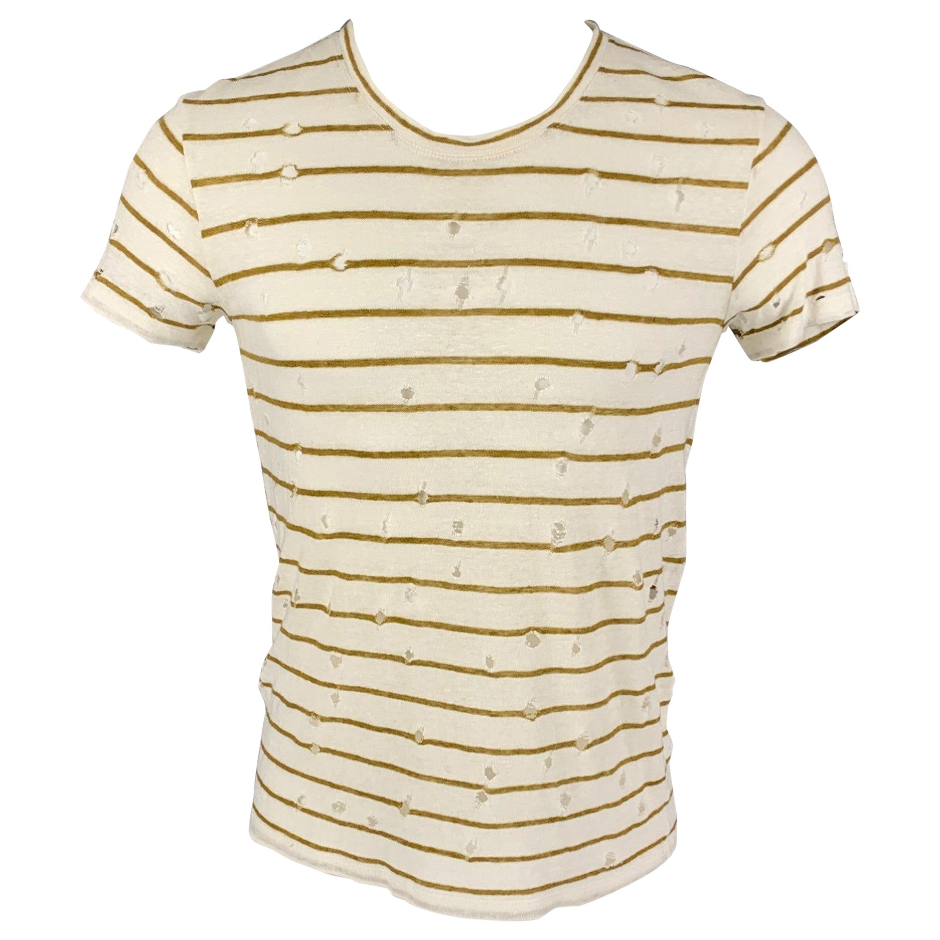 IRO Größe XS Weiß-Oliv gestreiftes Leinen-T-Shirt mit Rundhalsausschnitt Mina im Angebot