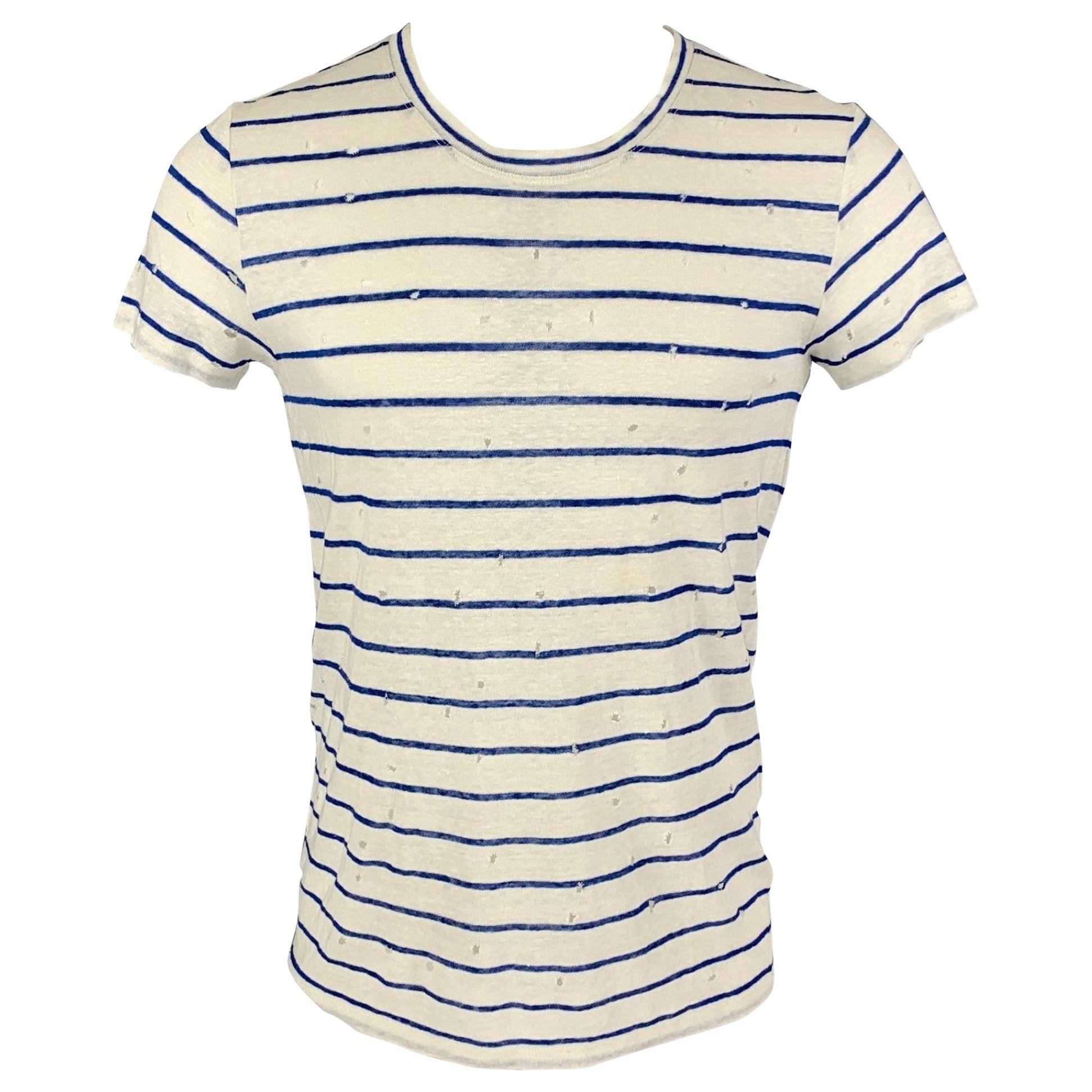 IRO Mina T-Shirt aus Leinen mit weiß-blau gestreiften Streifen, Größe XS im Angebot