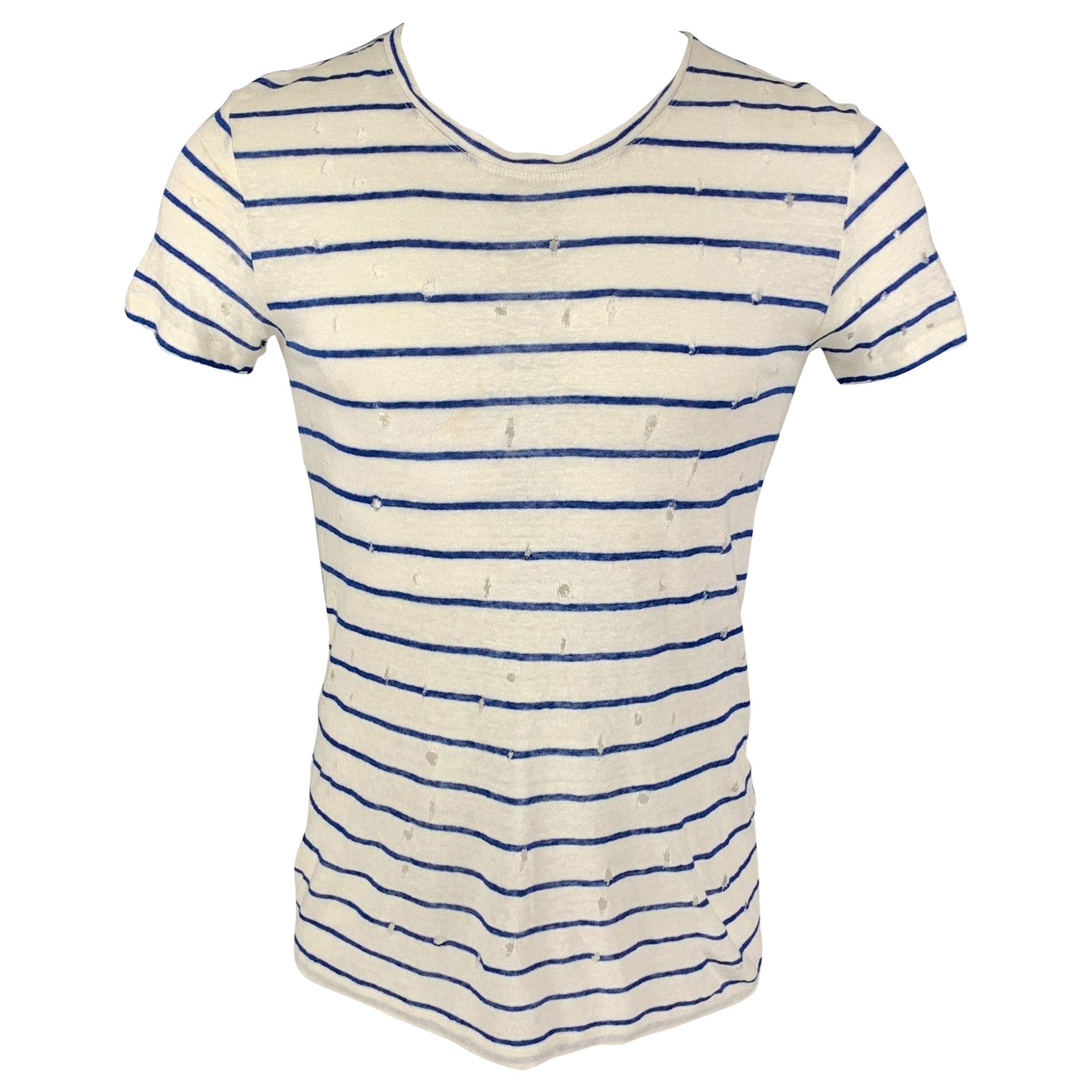 IRO T-shirt Mina à col ras du cou en lin à rayures blanches et bleues, taille XS en vente